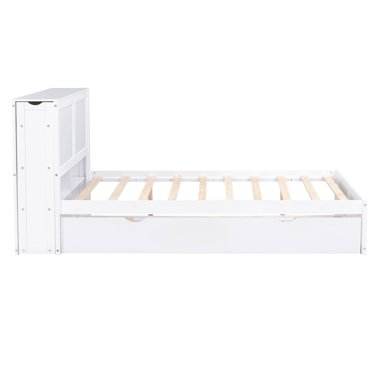Storage platform bed with pull-out shelves and trundle in white finish; built-in cabinet on Tampa Home & Garden Store
