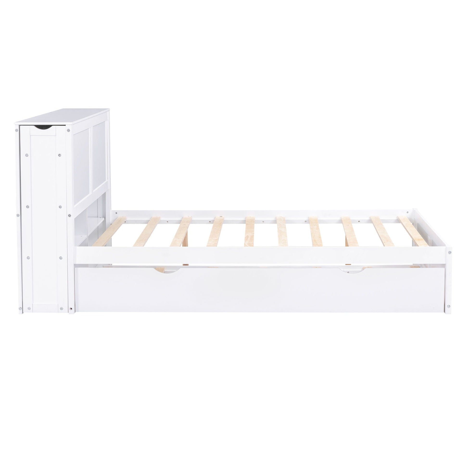 Storage platform bed with pull-out shelves and trundle in white finish; built-in cabinet on Tampa Home & Garden Store