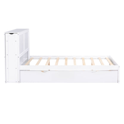 Storage platform bed with pull-out shelves and trundle in white finish; built-in cabinet on Tampa Home & Garden Store