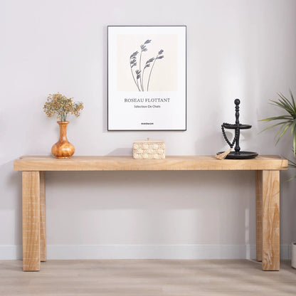 Console table with natural wood finish, long narrow profile, dried flower vase and framed art on Tampa Home & Garden Store