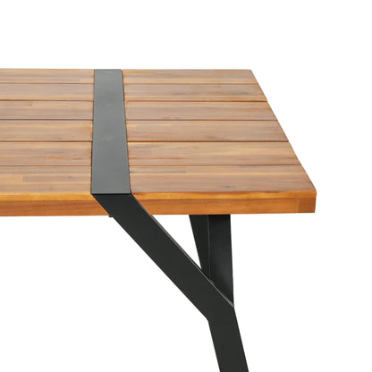 Zora dining table weather-resistant acacia wood top with black iron band on Tampa Home & Garden Store