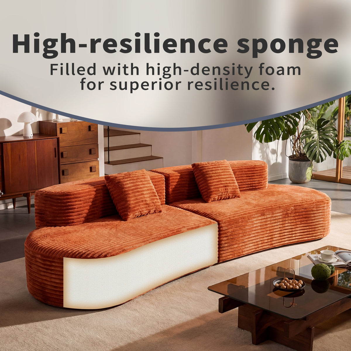 108.6-Inch curved sectional sofa with cloud pattern orange ribbed upholstery HouseOfZazla on Tampa Home & Garden Store