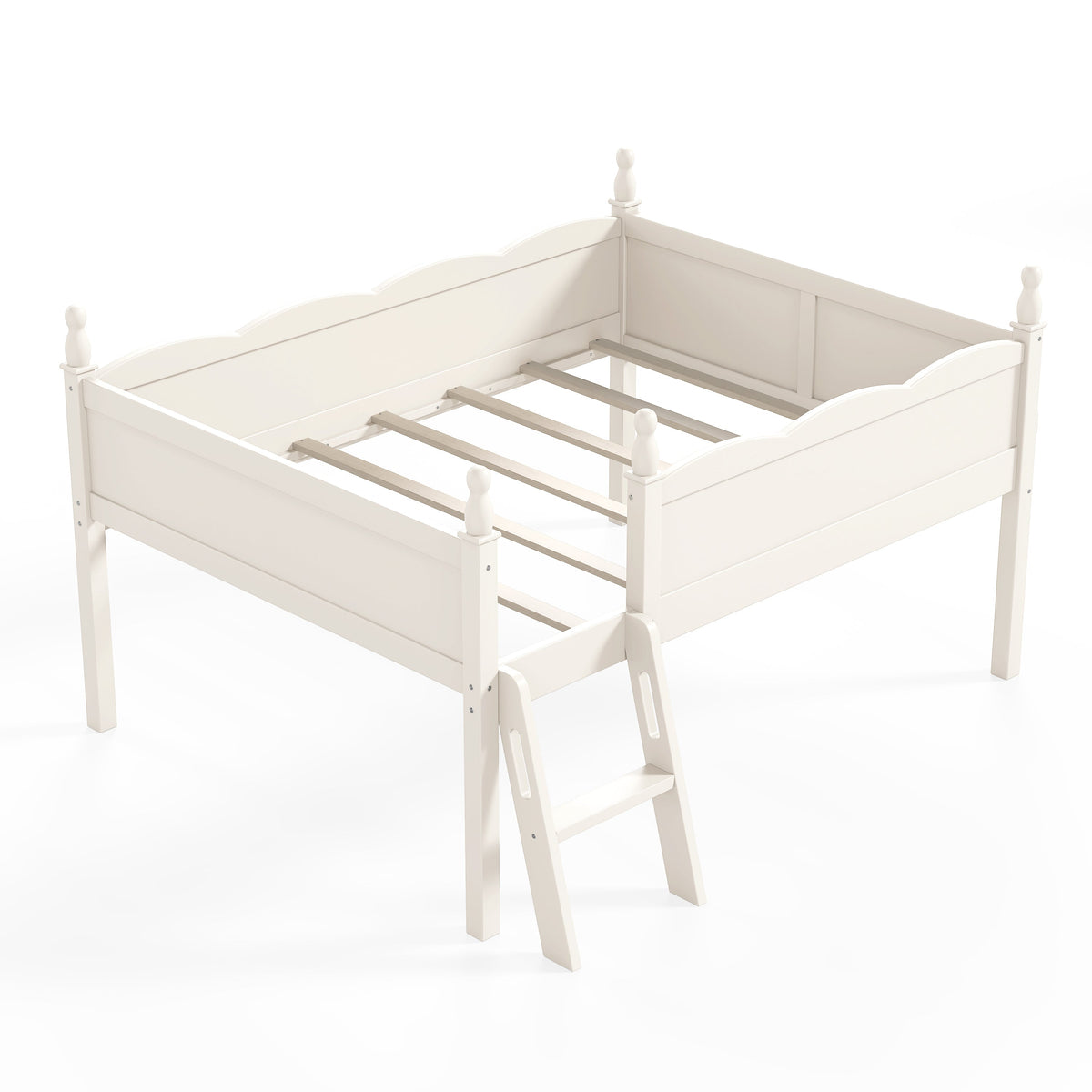 Full-size low loft bed frame with full-length guardrails in white by HouseOfZazla with slatted platform on Tampa Home & Garden Store