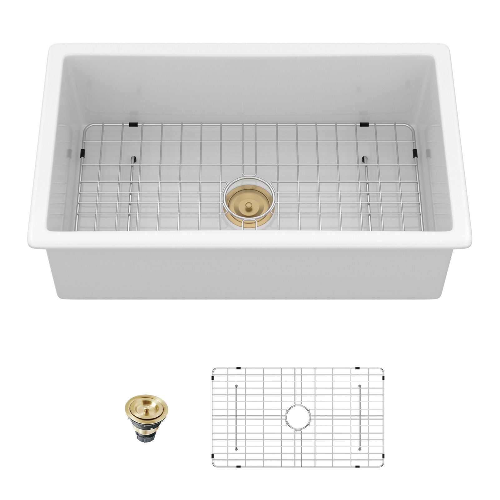 Rectangular deep single bowl undermount kitchen sink by HouseOfZazla with brass drain and rack on Tampa Home & Garden Store