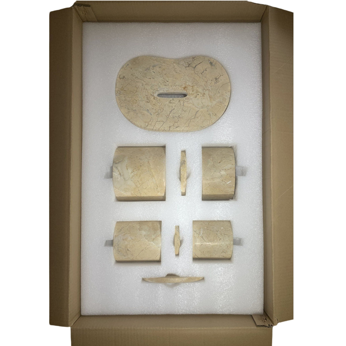 Elegant natural marble bathroom accessories set with soap dish and marble pieces in foam on Tampa Home & Garden Store