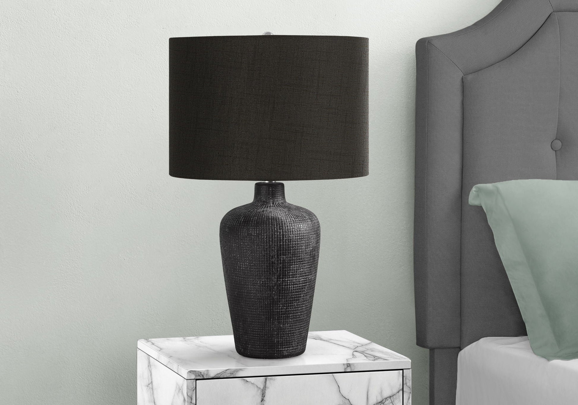 Table lamp black contemporary with textured ceramic base and black shade on marble nightstand on Tampa Home & Garden Store