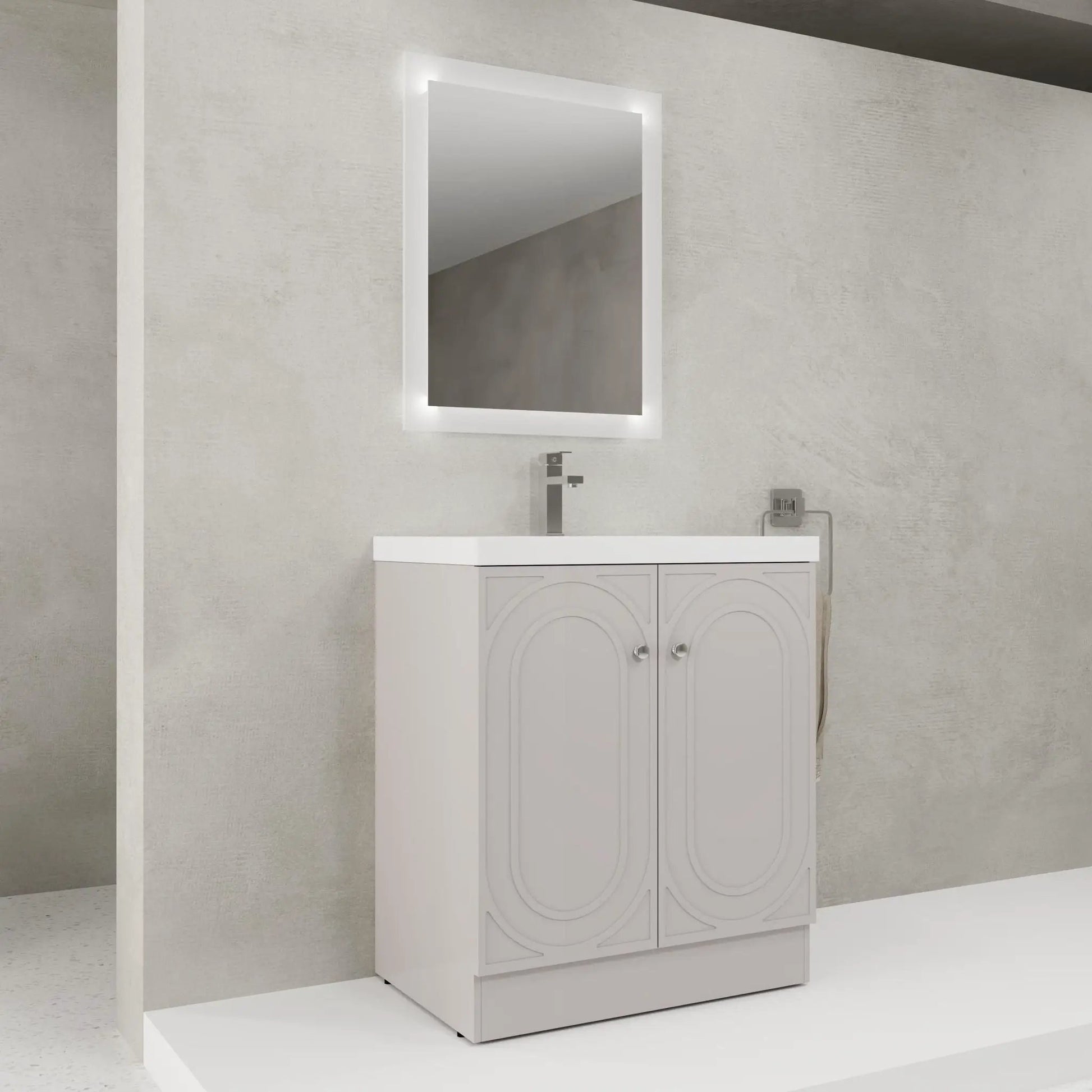 Contemporary bathroom vanity with resin sink, white cabinet and soft-close doors on Tampa Home & Garden Store