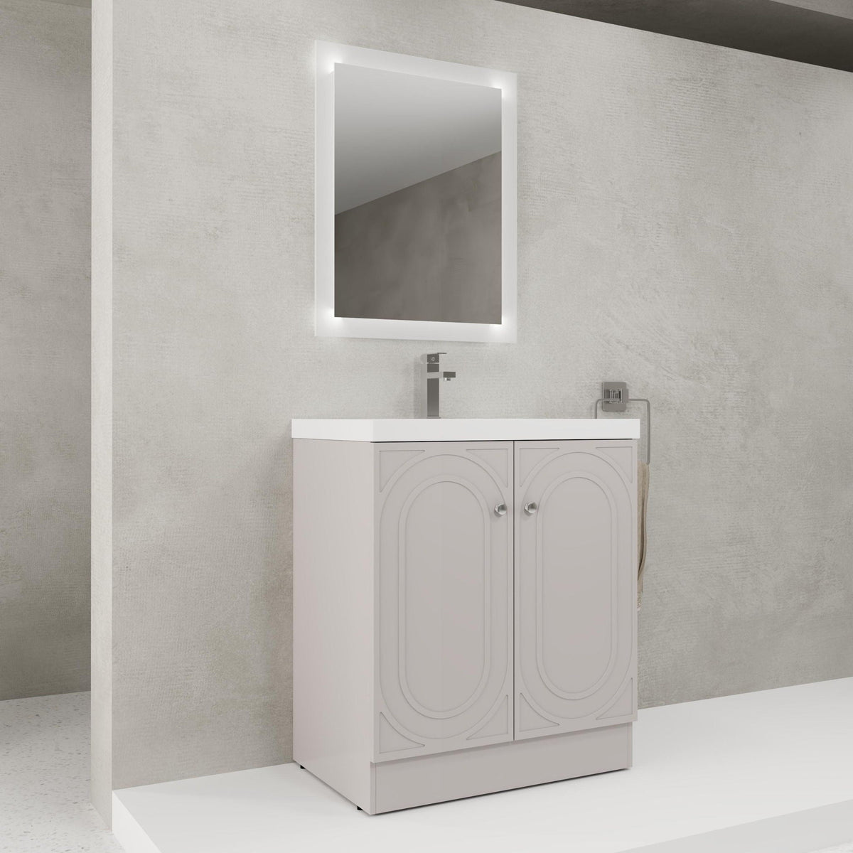 Freestanding bath vanity by HouseOfZazla with resin sink and white double-door cabinet on Tampa Home & Garden Store