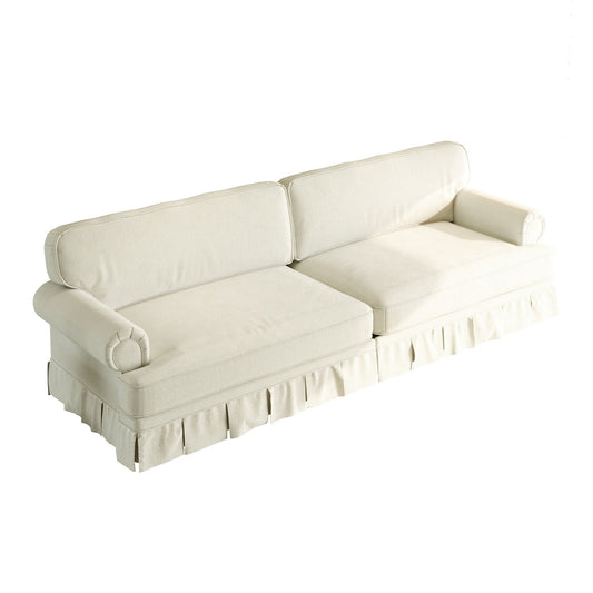 Cloud couch sofa by HouseOfZazla, cream fabric with rolled arms and pleated skirt on Tampa Home & Garden Store