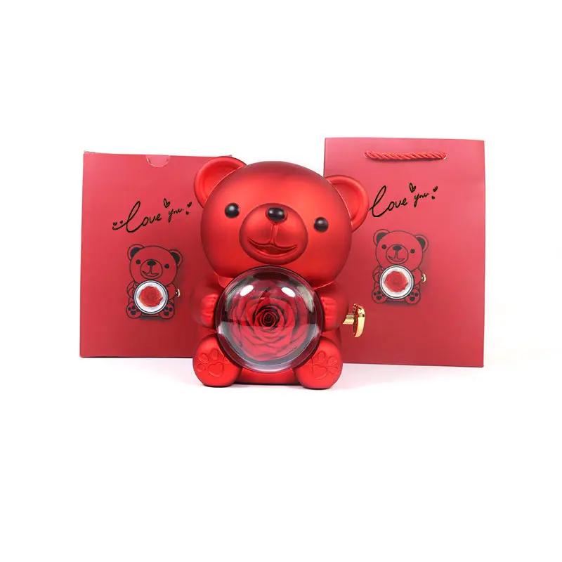Eternal Rose Teddy Bear Gift Box with Necklace, red bear holding a rose orb and gold clasp on Tampa Home & Garden Store