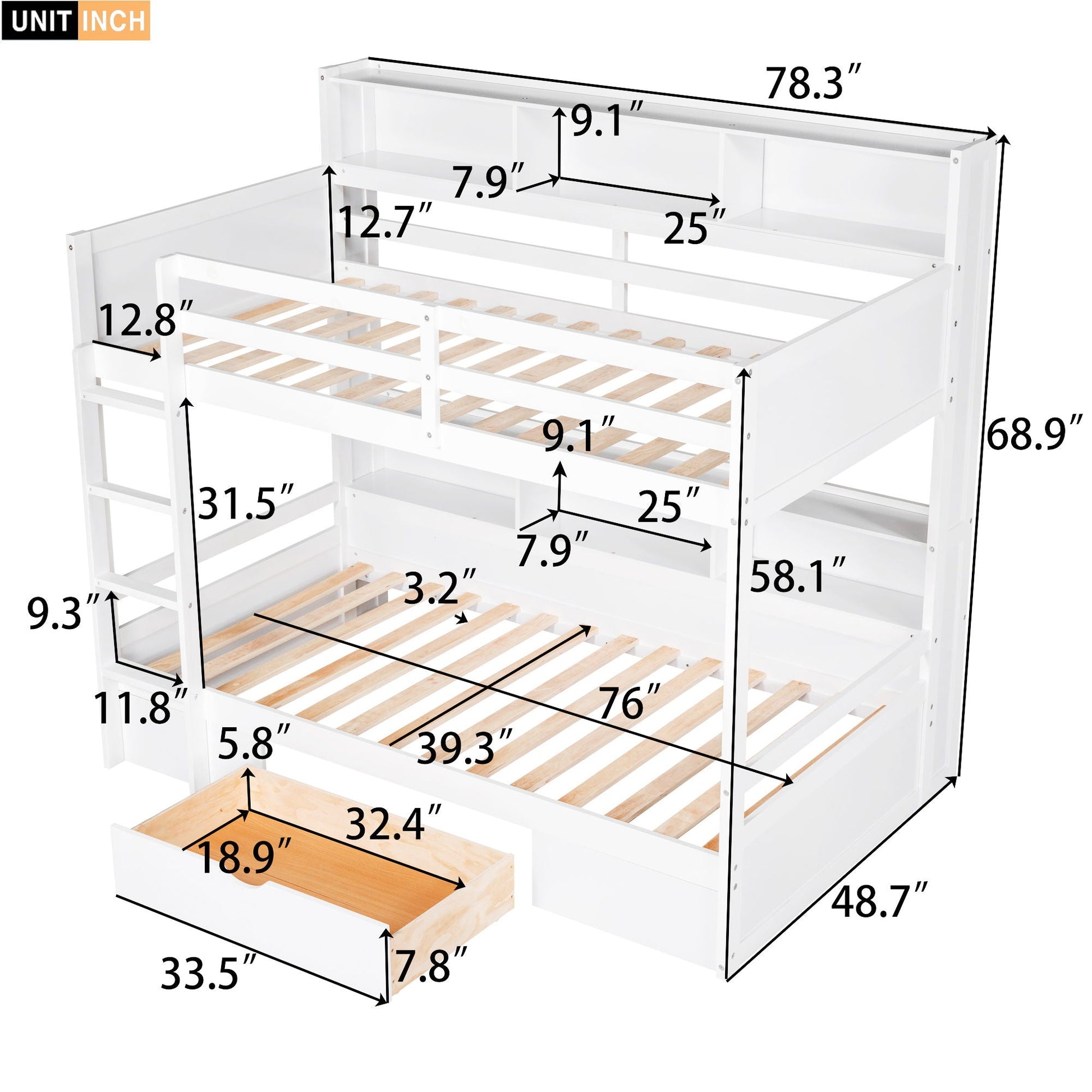 Twin-size bunk bed with built-in shelves beside both bunks and storage drawer, white finish on Tampa Home & Garden Store