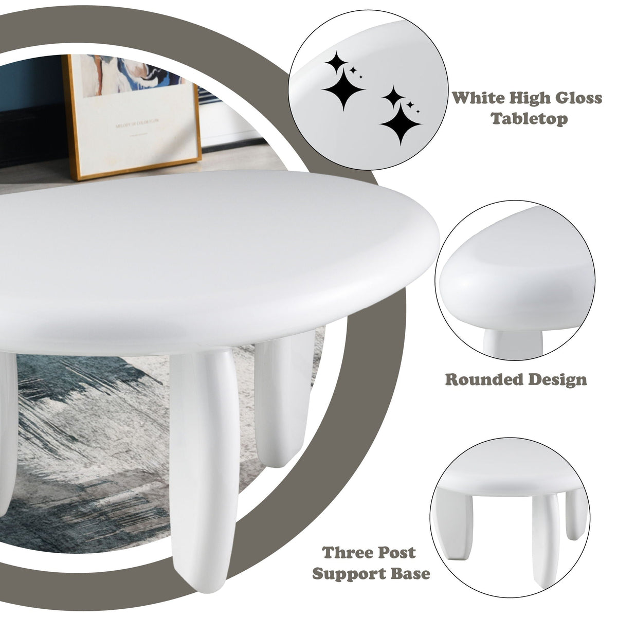 White high gloss end table with three rounded post legs, durable synthetic wood by HouseOfZazla on Tampa Home & Garden Store