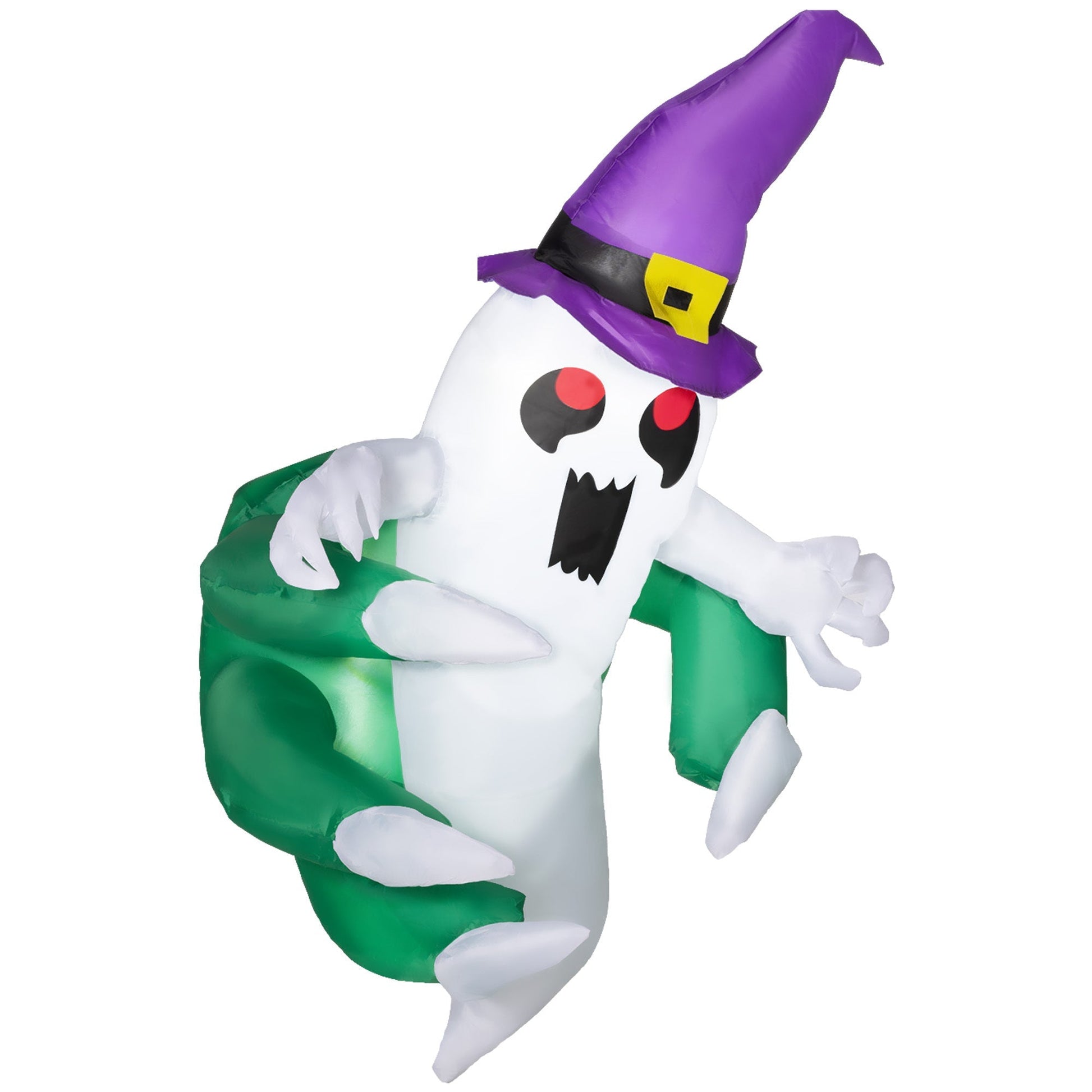 4ft animated window-cling ghost inflatable with purple witch hat and yellow buckle, green pants, LED illumination on Tampa Home & Garden Store