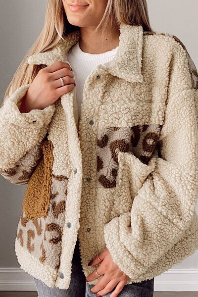Stevvex Leopard Print Sherpa Jacket with Collared Neck and Functional Pockets, beige cozy coat on Tampa Home & Garden Store