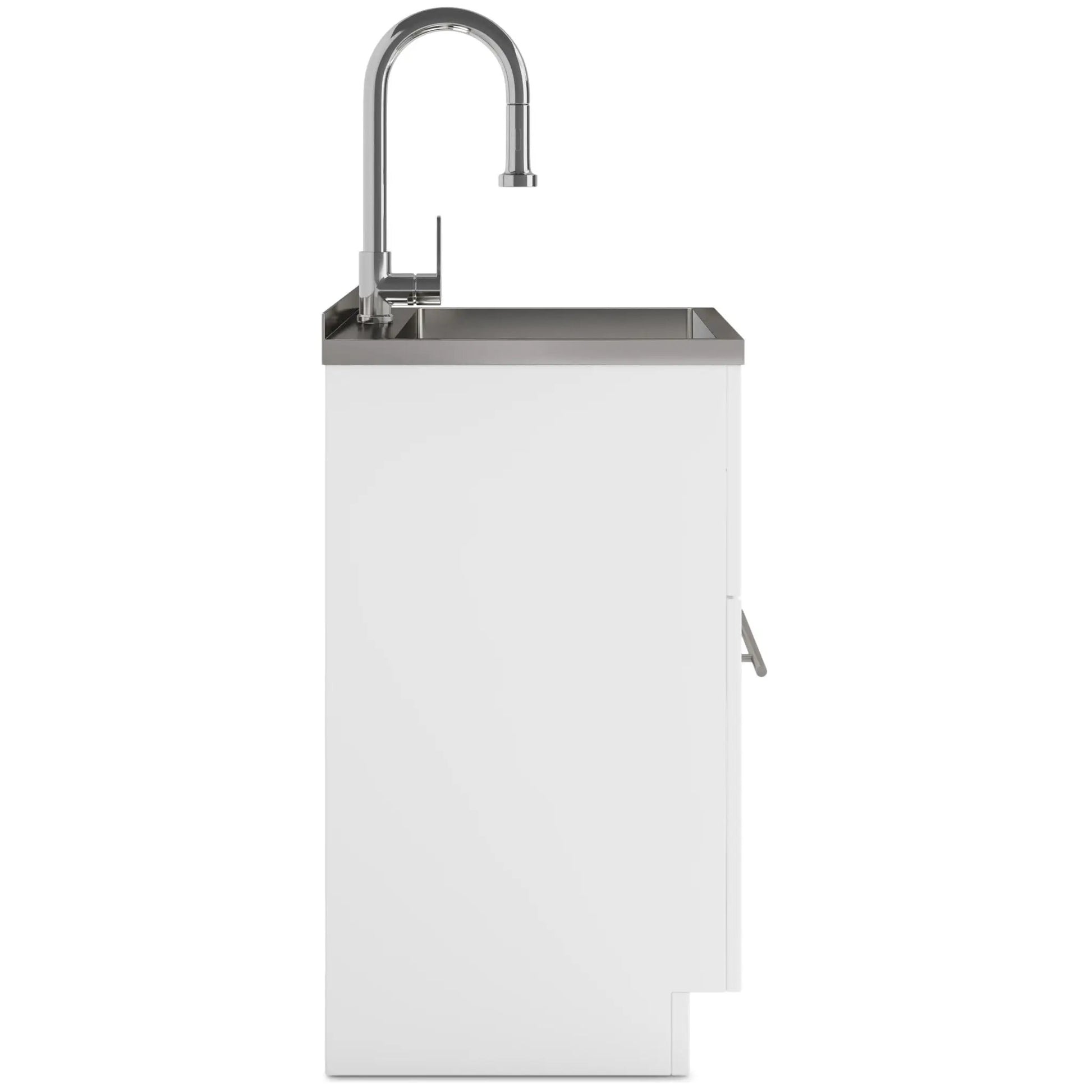 Metro laundry cabinet with chrome faucet and stainless steel sink on white base on Tampa Home & Garden Store
