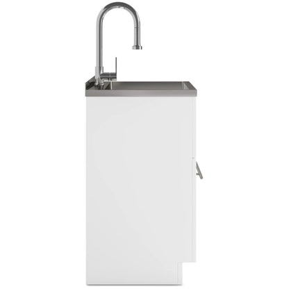 Metro laundry cabinet with chrome faucet and stainless steel sink on white base on Tampa Home & Garden Store