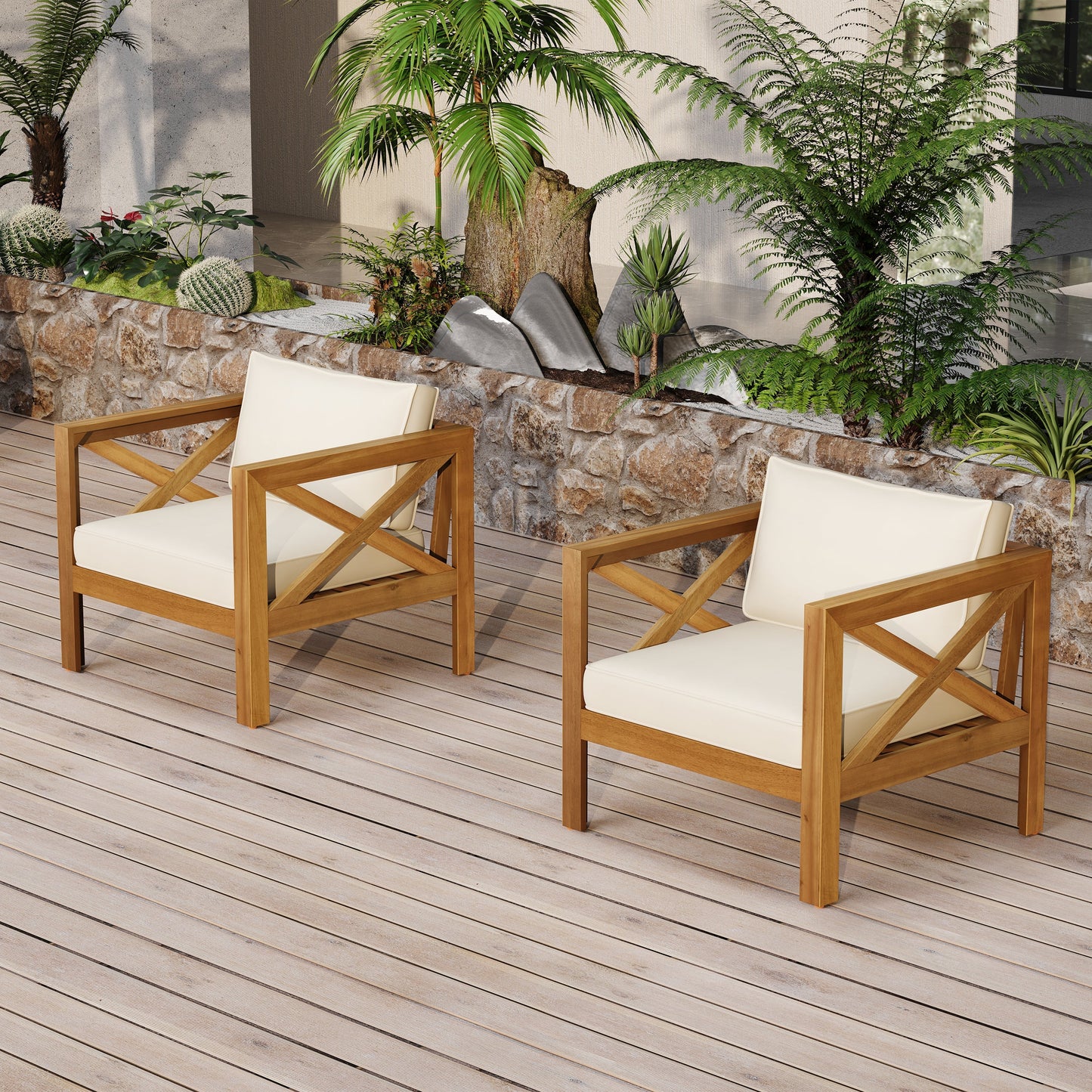 Outdoor club chairs in natural acacia wood with white cushions on a wooden deck on Tampa Home & Garden Store