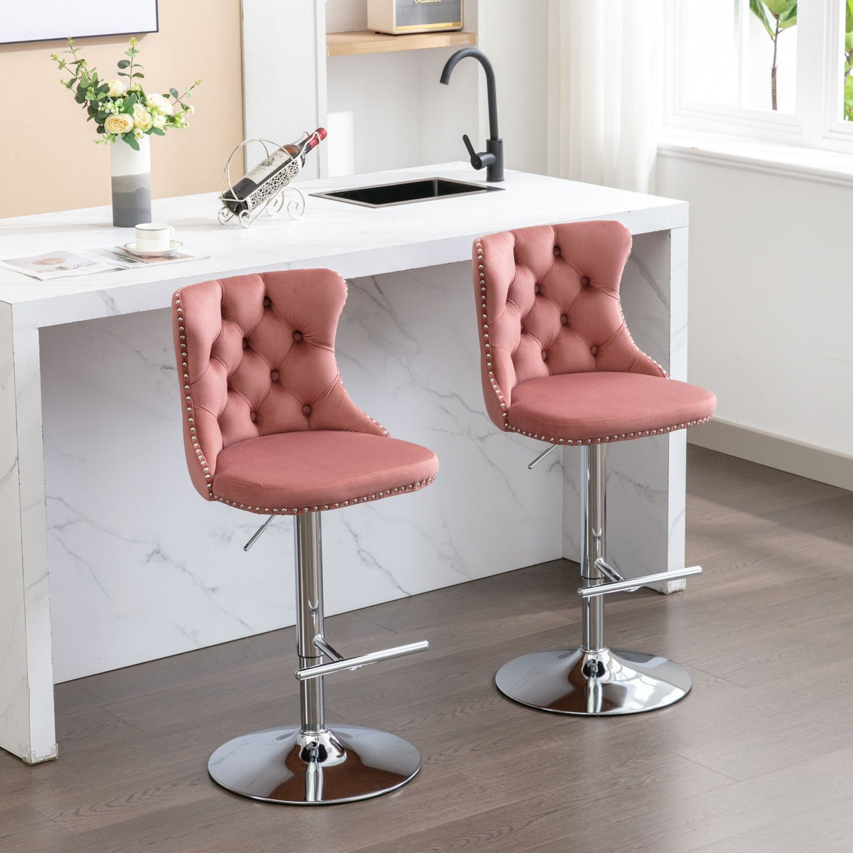 Swivel adjustable-height barstools set of 2 pink tufted seats with chrome pedestal bases on Tampa Home & Garden Store