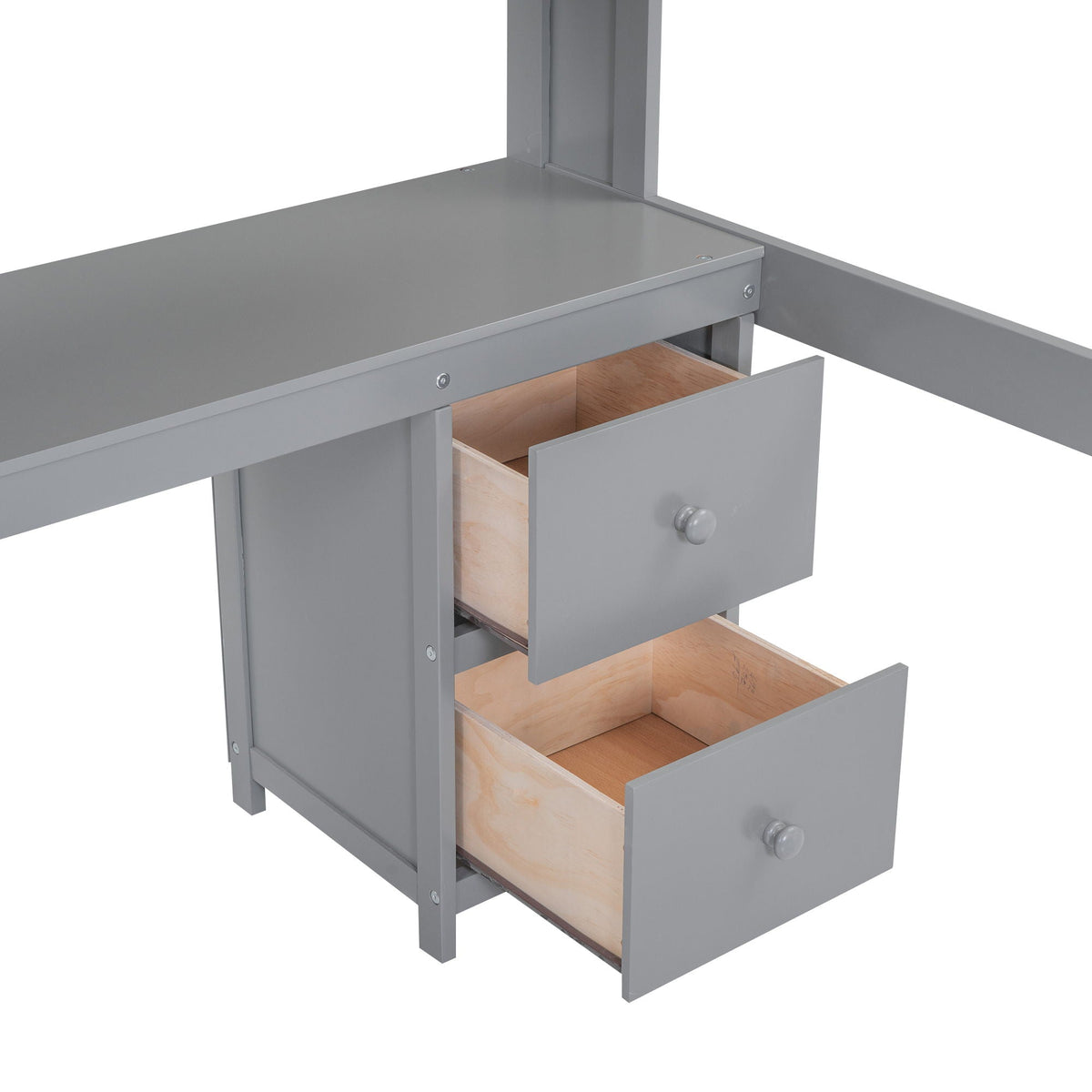 Loft bed with desk storage in gray metal; open light wood drawer reveals natural interior on Tampa Home & Garden Store