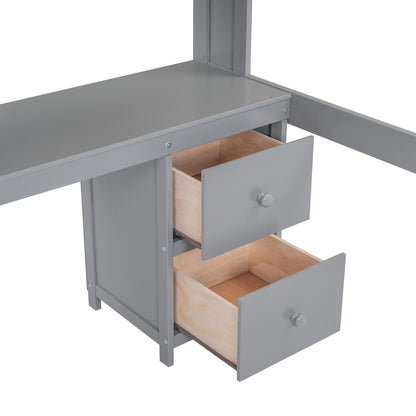 Loft bed with desk storage in gray metal; open light wood drawer reveals natural interior on Tampa Home & Garden Store