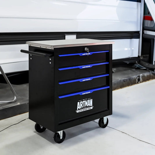 4-drawer black rolling tool cart with metal top and blue ARTMAN handles on Tampa Home & Garden Store