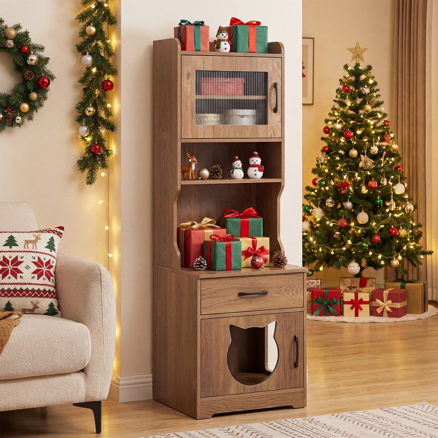 Cat Litter Box Enclosure with LED Light & Charging Station in a warm wood cabinet by DirectDeals on Tampa Home & Garden Store