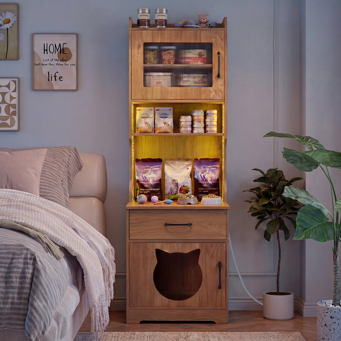 Cat Litter Box Enclosure with LED Light by DirectDeals, wooden cabinet with cat cutout on Tampa Home & Garden Store