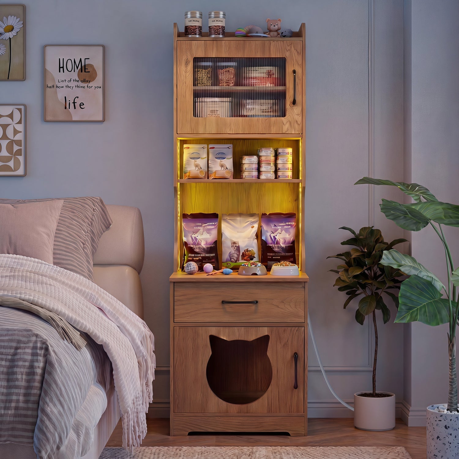 Cat Litter Box Enclosure with LED Light by DirectDeals, wooden cabinet with cat cutout on Tampa Home & Garden Store