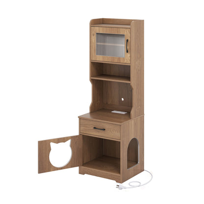 Cat Litter Box Enclosure with LED Light & Charging Station, oak finish cat furniture on Tampa Home & Garden Store