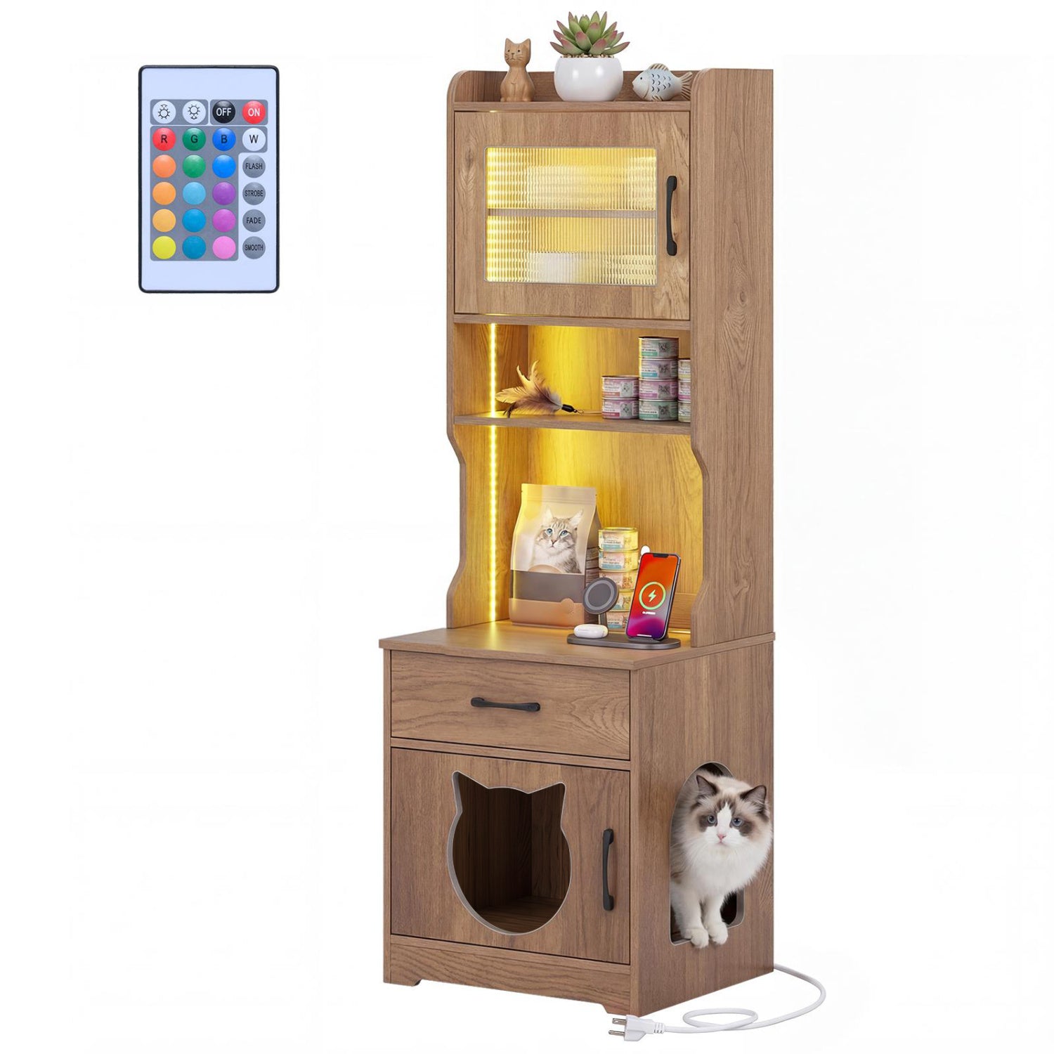 Cat litter box enclosure with LED light and charging station in a wood cabinet by DirectDeals on Tampa Home & Garden Store