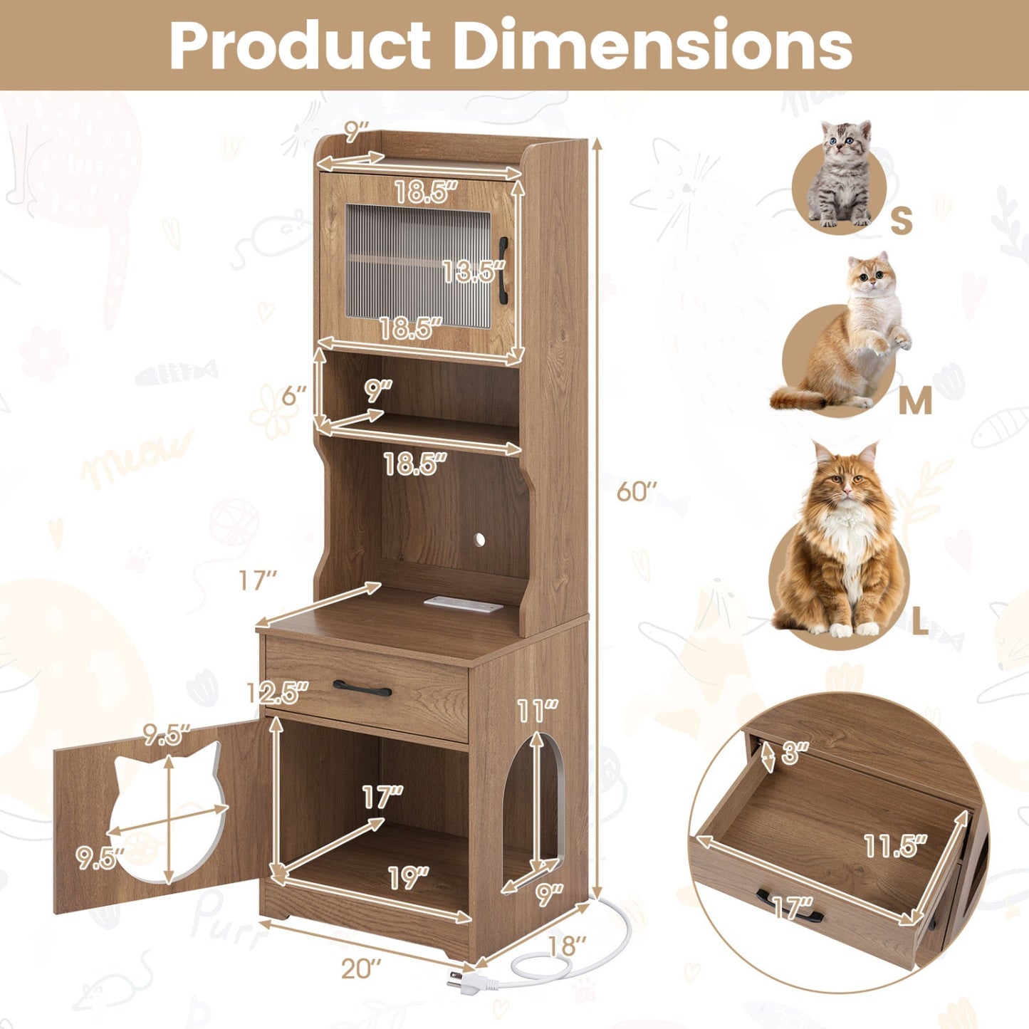 Cat Litter Box Enclosure by DirectDeals with LED light and charging station, wooden cat furniture on Tampa Home & Garden Store
