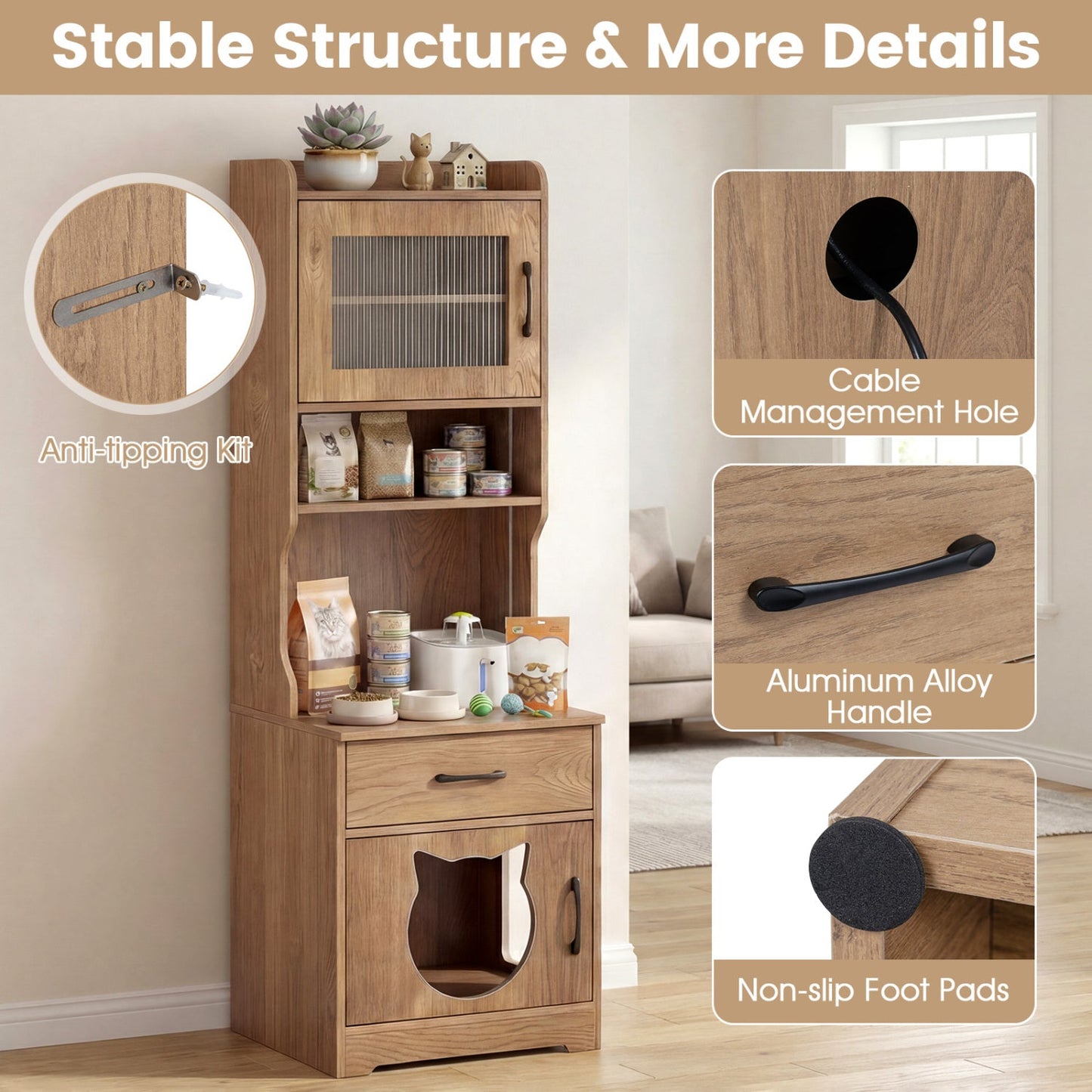 Cat Litter Box Enclosure in wood finish with LED light and charging station DirectDeals on Tampa Home & Garden Store