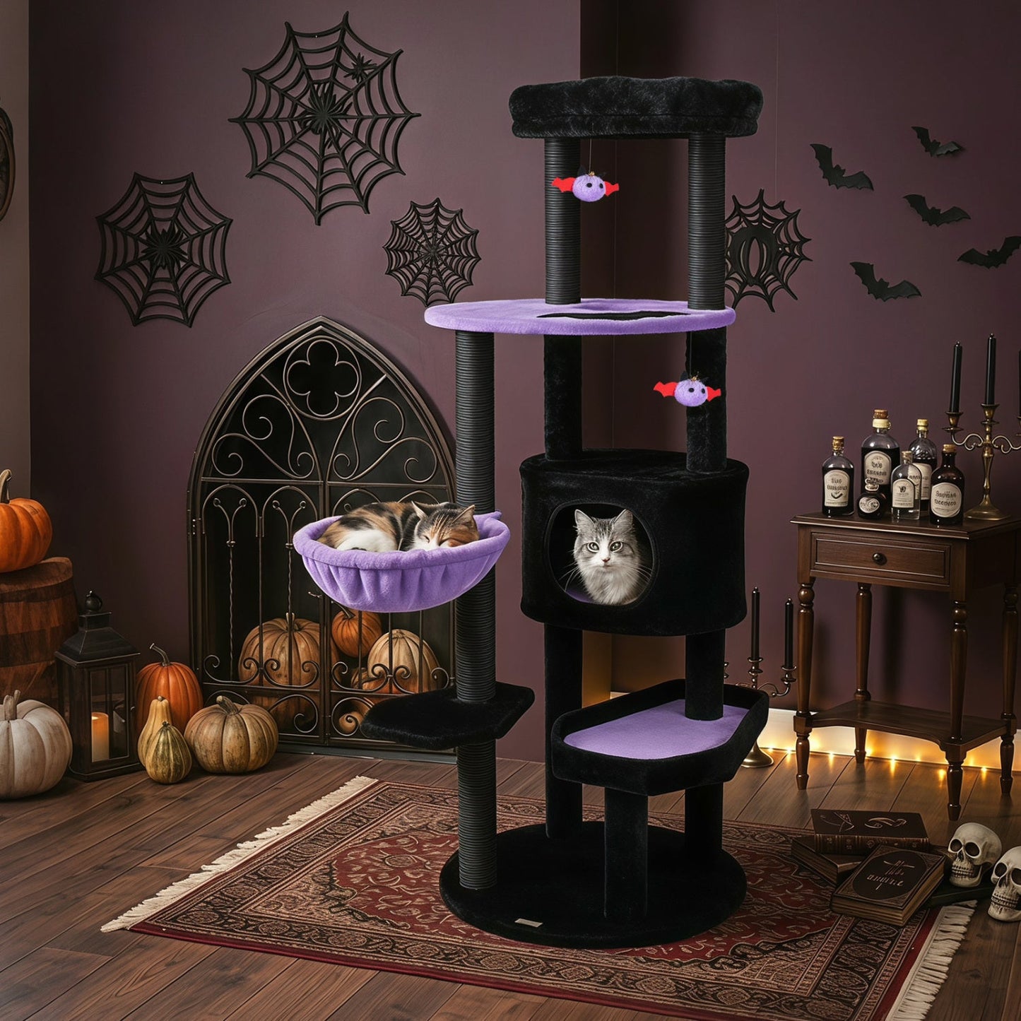 60in Gothic Cat Tower with plush purple platforms and hanging toys DirectDeals on Tampa Home & Garden Store