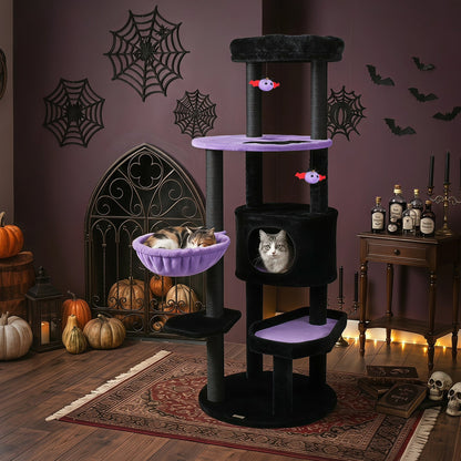 60in Gothic Cat Tower with plush purple platforms and hanging toys DirectDeals on Tampa Home & Garden Store
