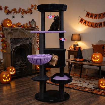60in Gothic Cat Tower by DirectDeals with plush purple platforms and hanging toys; two cats on Tampa Home & Garden Store