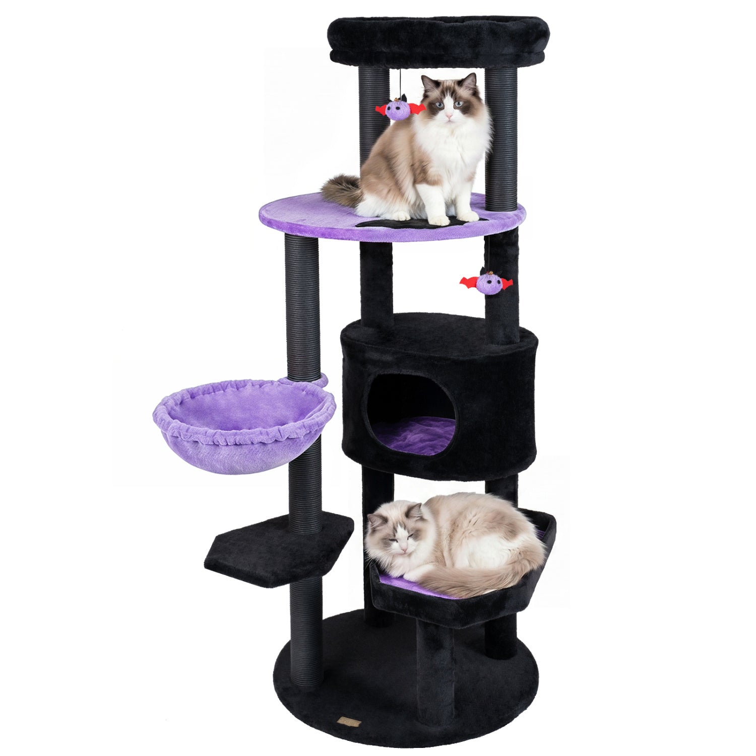 60-inch Gothic Cat Tower with plush purple platform, black condo, and hanging toys DirectDeals on Tampa Home & Garden Store