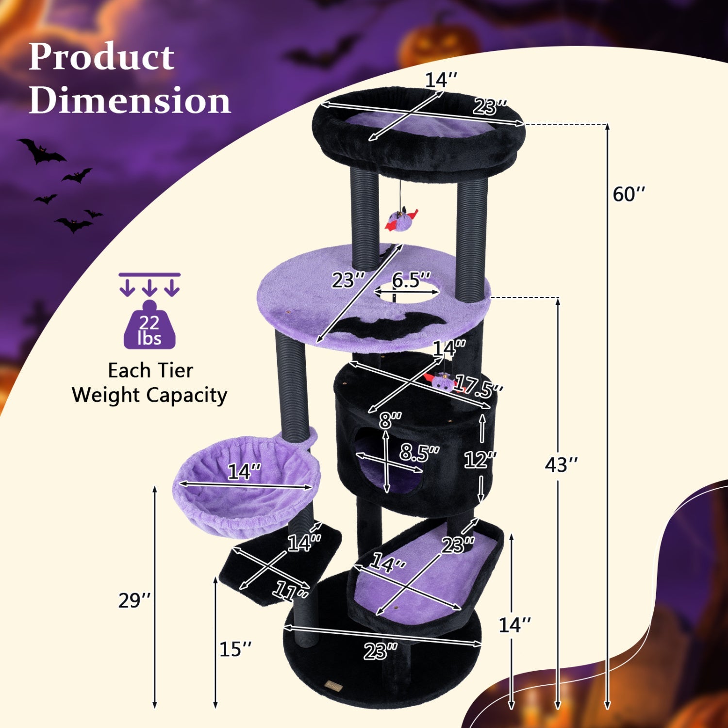 60in Gothic Cat Tower with plush purple perches and hanging toys DirectDeals on Tampa Home & Garden Store
