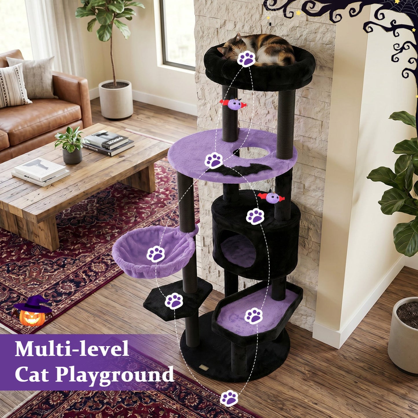 60-inch Gothic Cat Tower with plush black perch and purple platforms by DirectDeals on Tampa Home & Garden Store