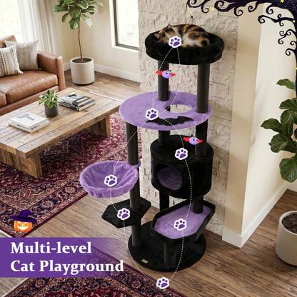 60-inch Gothic Cat Tower with plush black perch and purple platforms by DirectDeals on Tampa Home & Garden Store