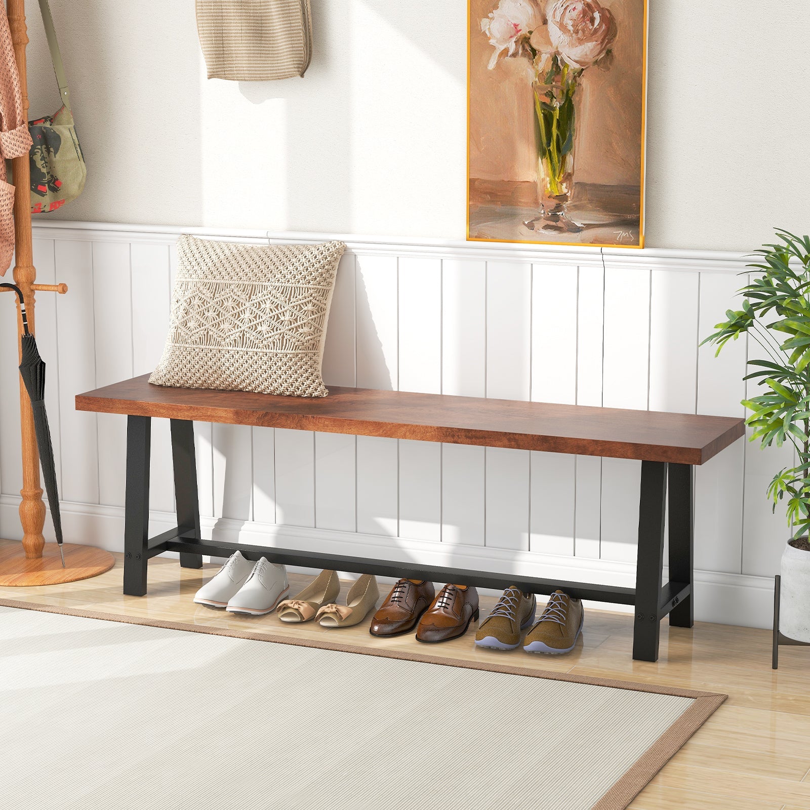 40 Inch dining bench with black metal legs and warm wood top, entryway shoe storage on Tampa Home & Garden Store