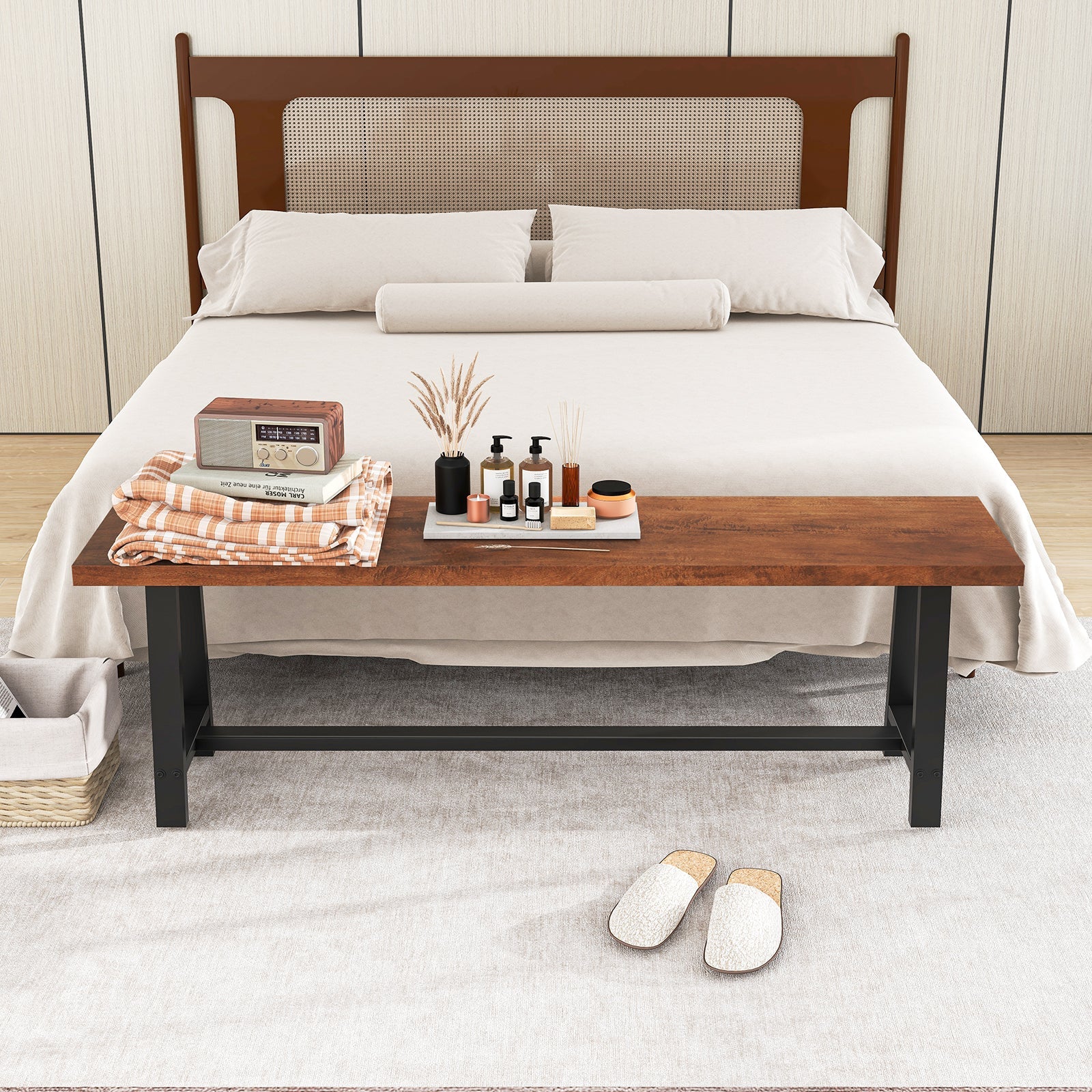 40 Inch dining bench with wood top and black metal frame by DirectDeals at foot of bed on Tampa Home & Garden Store