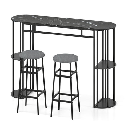 60 Inch Dining Table and 2 Upholstered Barstools with Faux Marble Tabletop