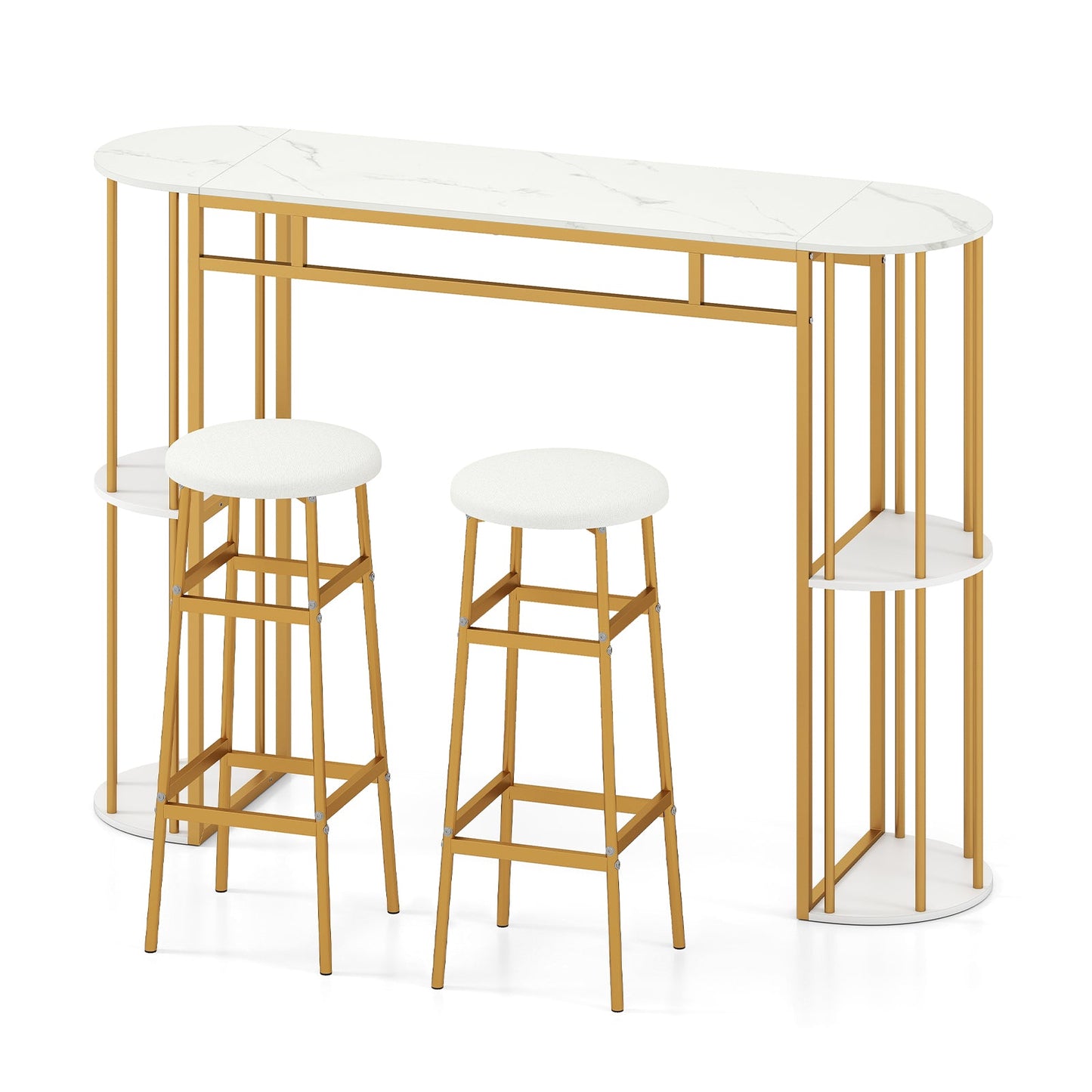 60 Inch Dining Table and 2 Upholstered Barstools with Faux Marble Tabletop