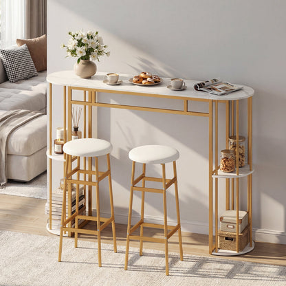 60 Inch Dining Table and 2 Upholstered Barstools with Faux Marble Tabletop