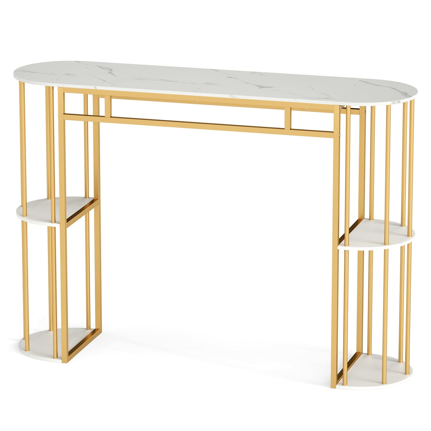 60 Inch Long Bar Table Narrow with Faux Marble Tabletop and Storage Shelves