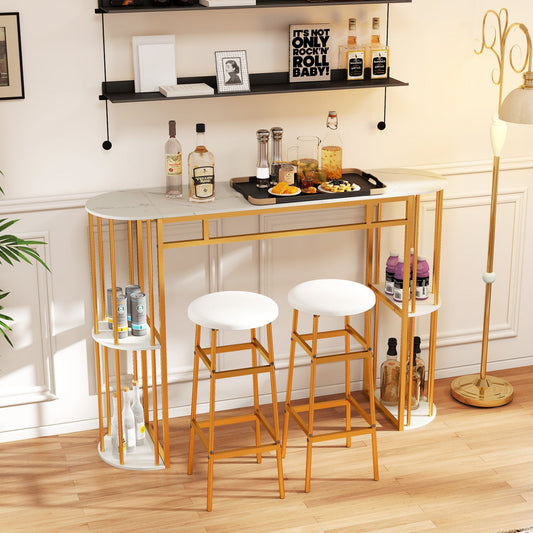 60 Inch Long Bar Table Narrow with Faux Marble Tabletop and Storage Shelves - Tampa Home & Garden Store