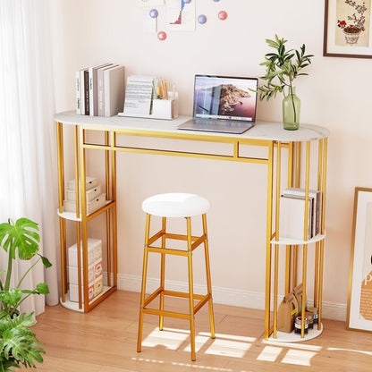 60 Inch Long Bar Table Narrow with Faux Marble Tabletop and Storage Shelves