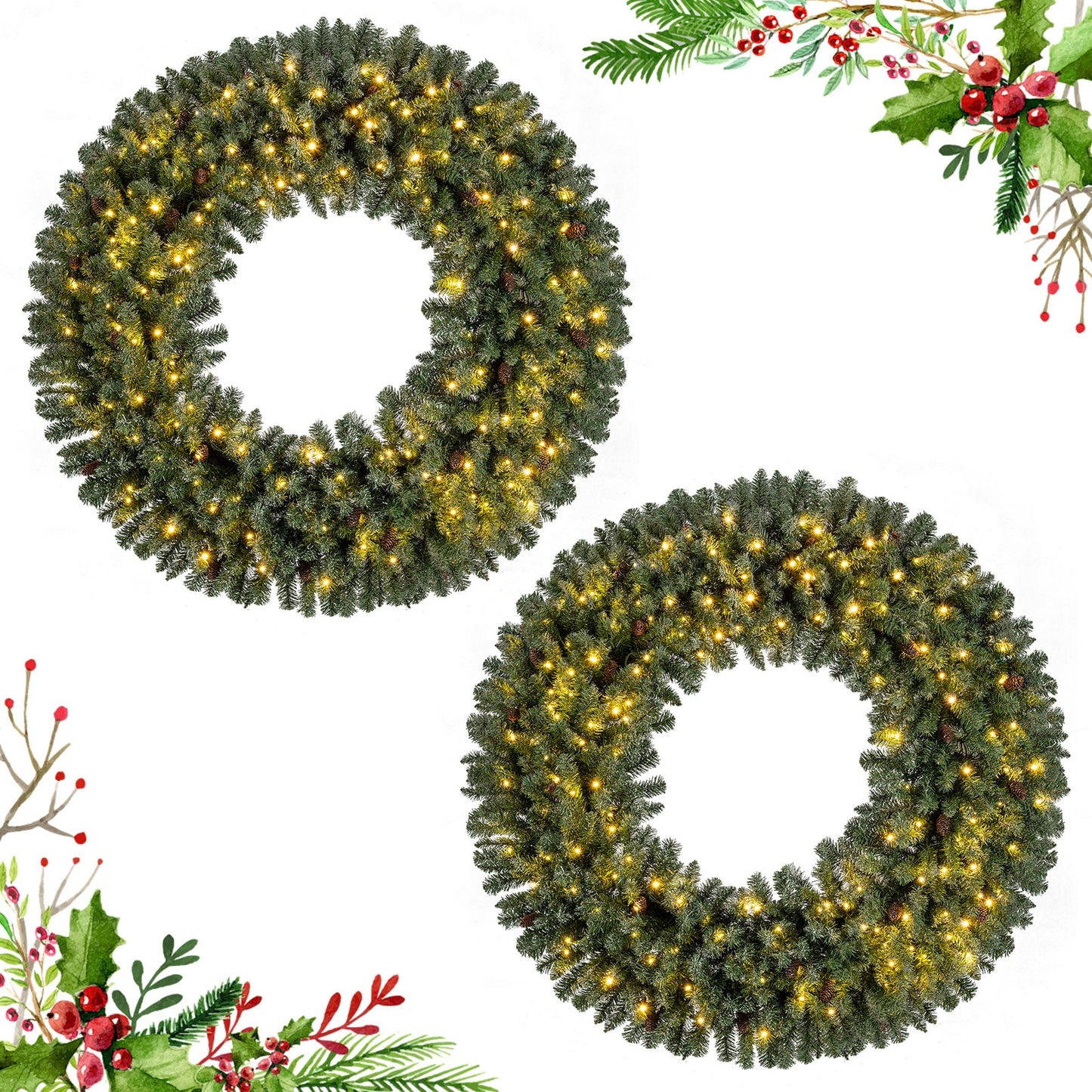 60 Inch Pre-Lit Artificial Christmas Wreath 200 LED Warm White Lights