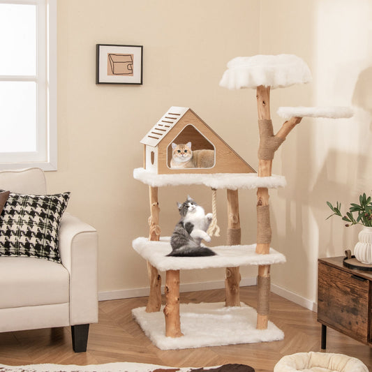60 Inch Tall Solid Wood Cat Tree Modern Wooden Cat Tower with 2 Perches-White - Tampa Home & Garden Store