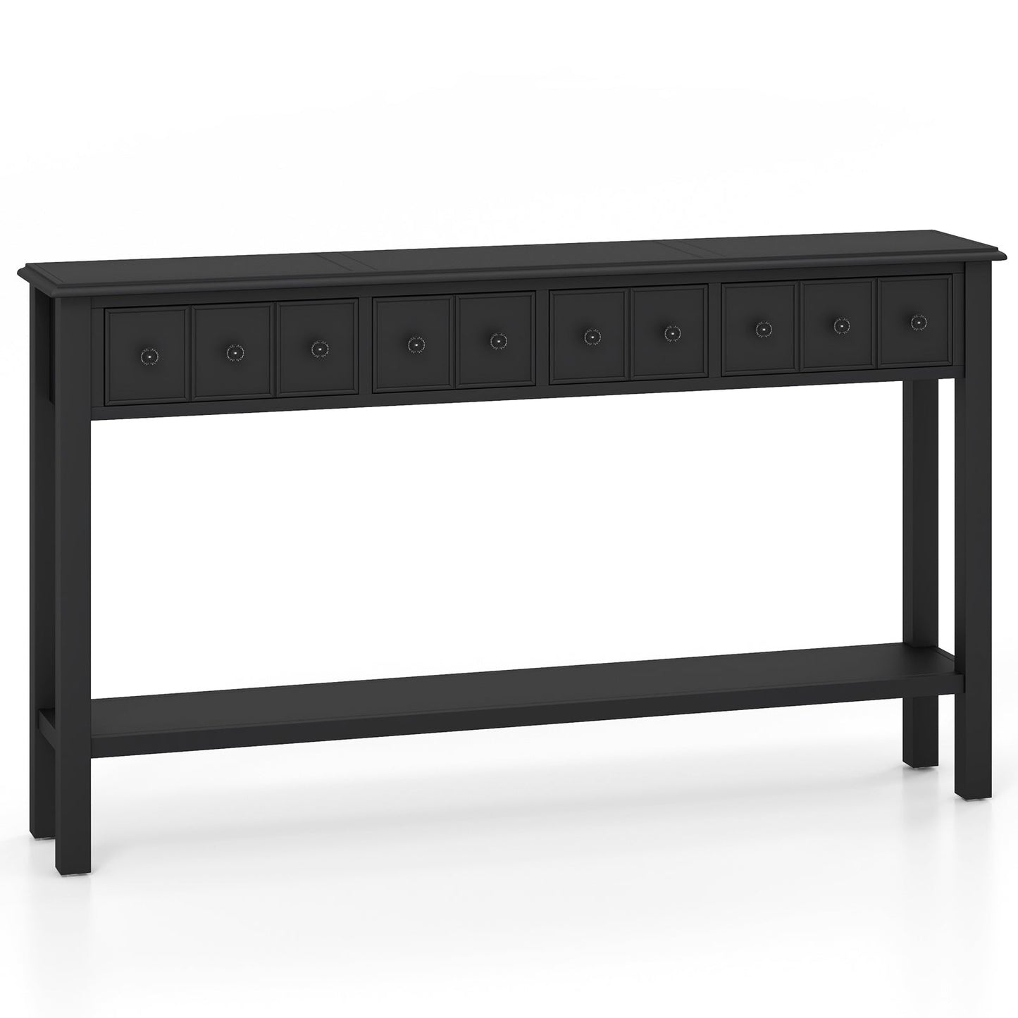 Mesa de sofá de 60 pulgadas de largo con 4 cajones y estante abierto para sala de estar - Negro